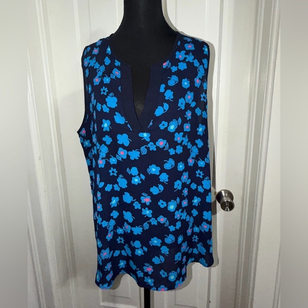women's plus size 1x shirt Pixley Navy Floral Sleeveless Blouse top, tank top